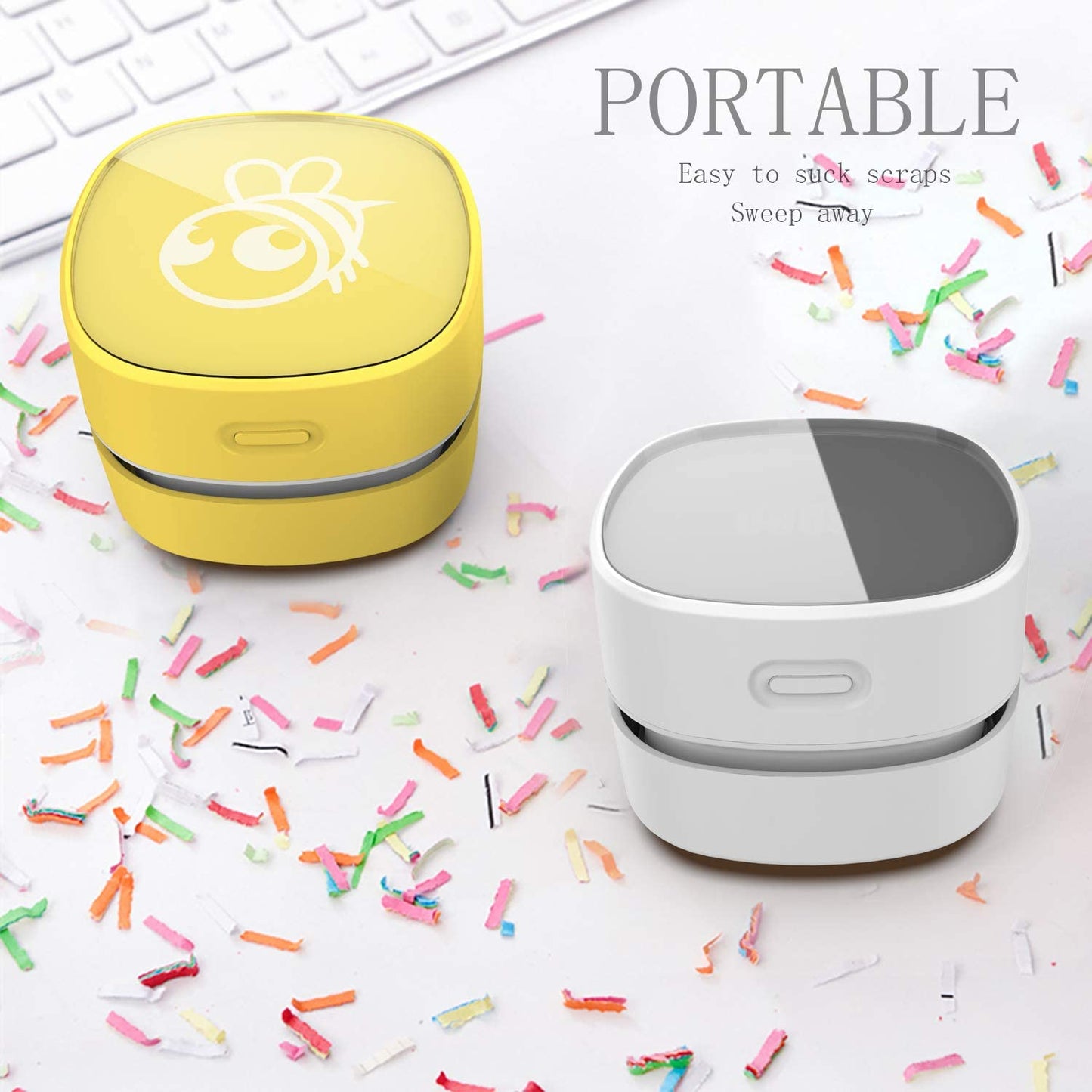 Desktop Vacuum Cleaner, Mini Table Dust Sweeper Energy Saving,High Endurance up to 90 Mins,Cordless&360ΒΊ Rotatable Design for Keyboard/Home/School/Office(White AA Battery)