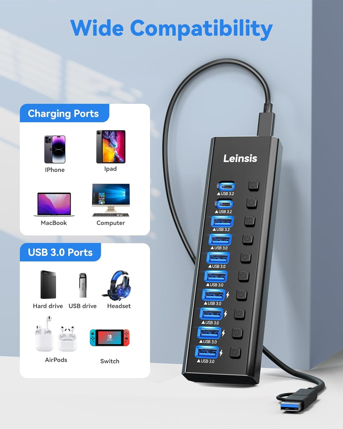 Powered USB Hub 3.2, 10-Port USB 3.2/USB C Hub (10Gbps USB-A 3.2 +2 USB-C 3.2 +7 USB 3.0 Ports) with Individual On/Off Switches and 12V Power Adapter, Aluminum USB Hub Powered for Laptop PC