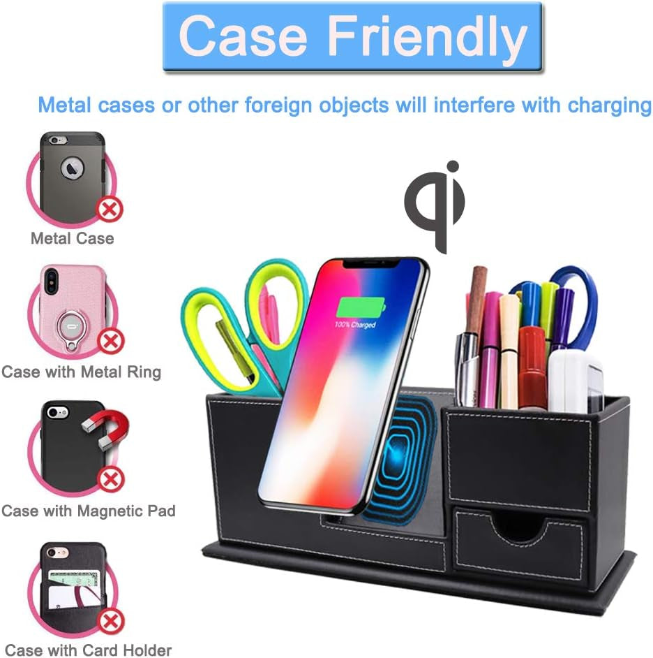 Pen Holder with Fast Wireless Charger, Cell Phone Stand Desktop Organizer, for Iphone 14/13/12/11/8/SE Series and Qi-Enabled Devices, Home Office Organizers for Desk.