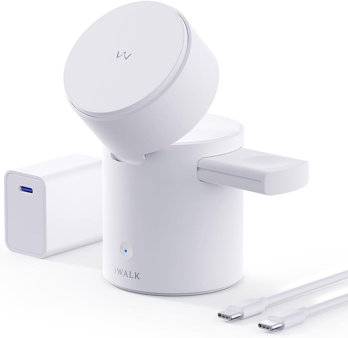 3 in 1 Wireless Charging Stand with Auto Rotation, Charging Station with Magnet for Apple Devices, 15W Foldable Wireless Charger Station for Iphone 16 15 14 13 12 & Apple Watch & Airpods, White