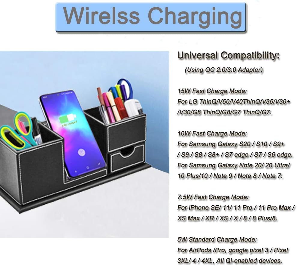 Pen Holder with Fast Wireless Charger, Cell Phone Stand Desktop Organizer, for Iphone 14/13/12/11/8/SE Series and Qi-Enabled Devices, Home Office Organizers for Desk.