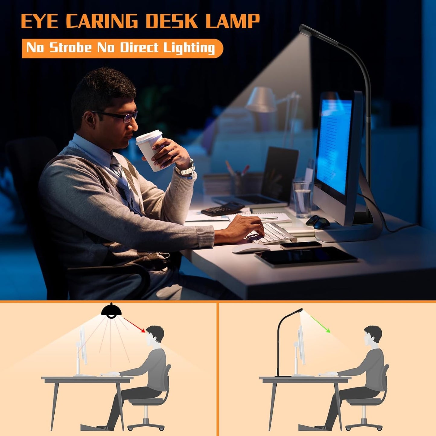 LED Desk Lamp, Office Architectural Desk Lamp, 31.5'' Large Size Office Lighting, 24W 5-Colour LED Computer Monitor Gooseneck Smart Lamp with Holder for Studying, Creating and Reading