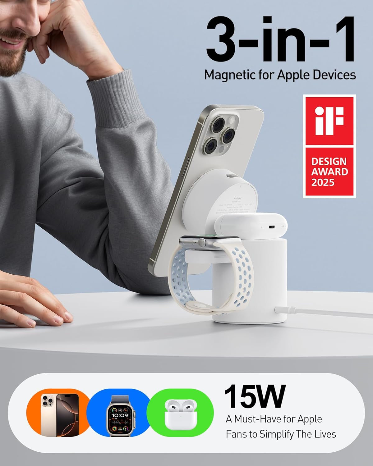 3 in 1 Wireless Charging Stand with Auto Rotation, Charging Station with Magnet for Apple Devices, 15W Foldable Wireless Charger Station for Iphone 16 15 14 13 12 & Apple Watch & Airpods, White