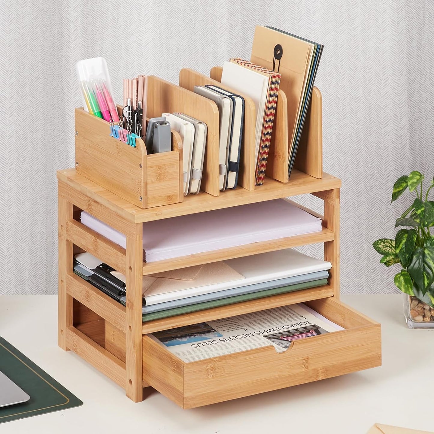 Bamboo Desk Organizer with Drawer and File Holder, Office Organization for Desks with Adjustable Pen Holding, Desktop Letter Paper Tray Storage for Workplace Home School (Natural, L)