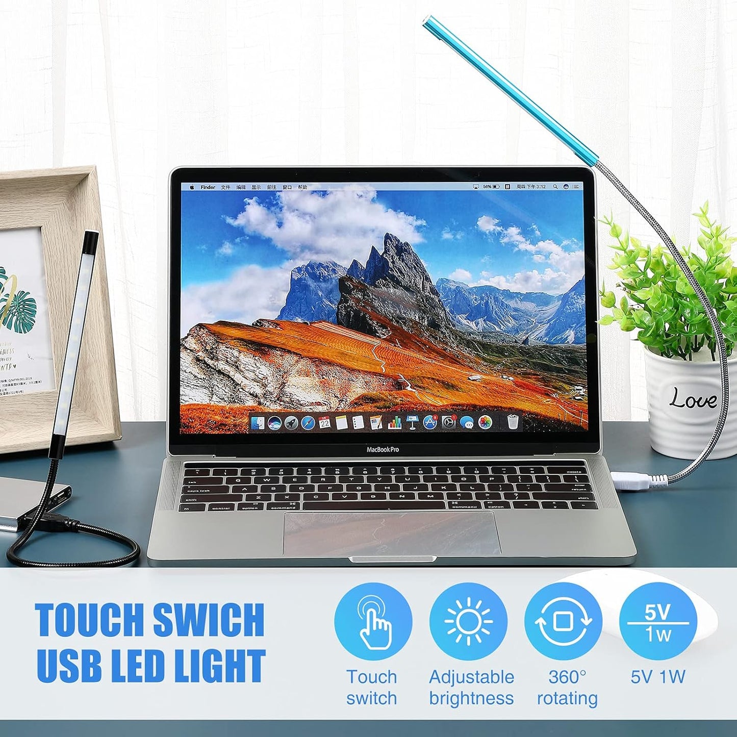 2 Pieces USB LED Light for Laptop Keyboard Light Gooseneck Computer Lamp Flexible Stick Dimmable LED Lamp Touch Switch for Reading Book(Black, Blue)