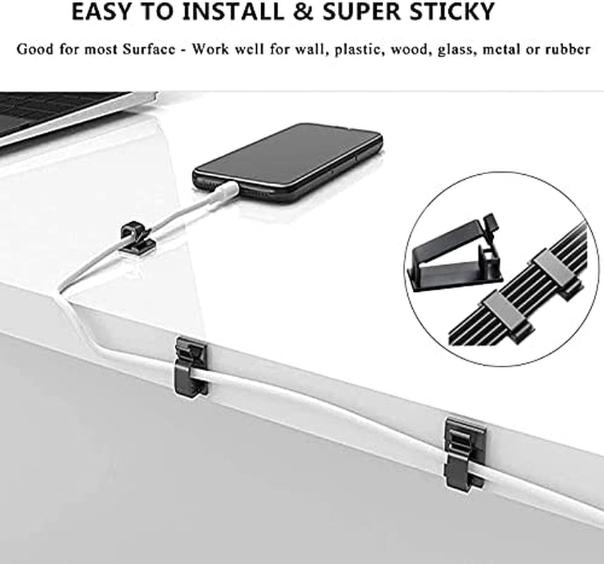 Cord Management Organizer Kit 4 Cable Sleeve Split with 41Self Adhesive Clips Holder, 10Pcs and 2 Roll Self Tie 100 Fastening Ties for TV Office Car Desk Home Black
