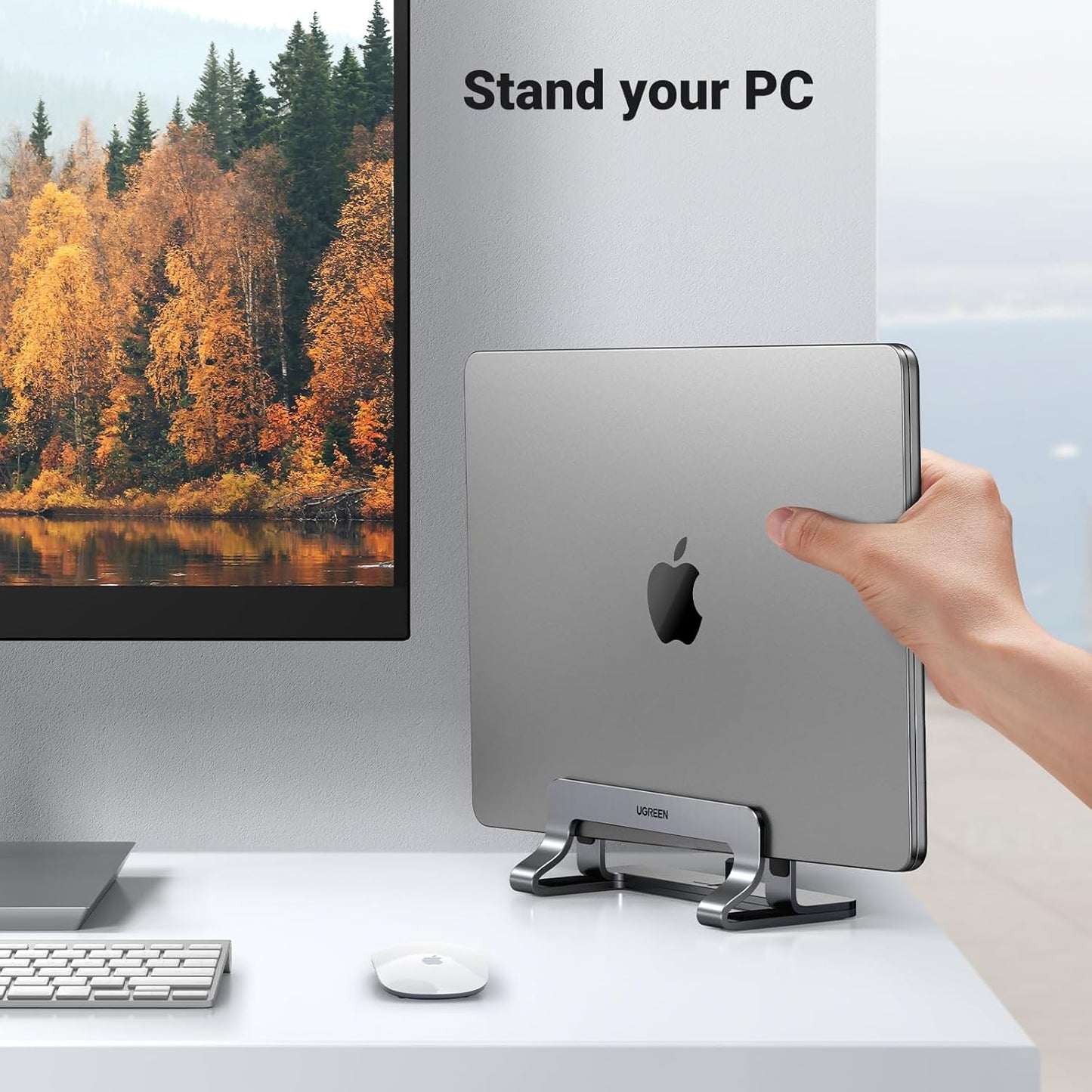 Vertical Laptop Stand Holder for Desk Compatible with Macbook Pro, Macbook Air Stand Vertical Aluminum Adjustable for up to 17.3 Inch Gaming Laptop, Gray