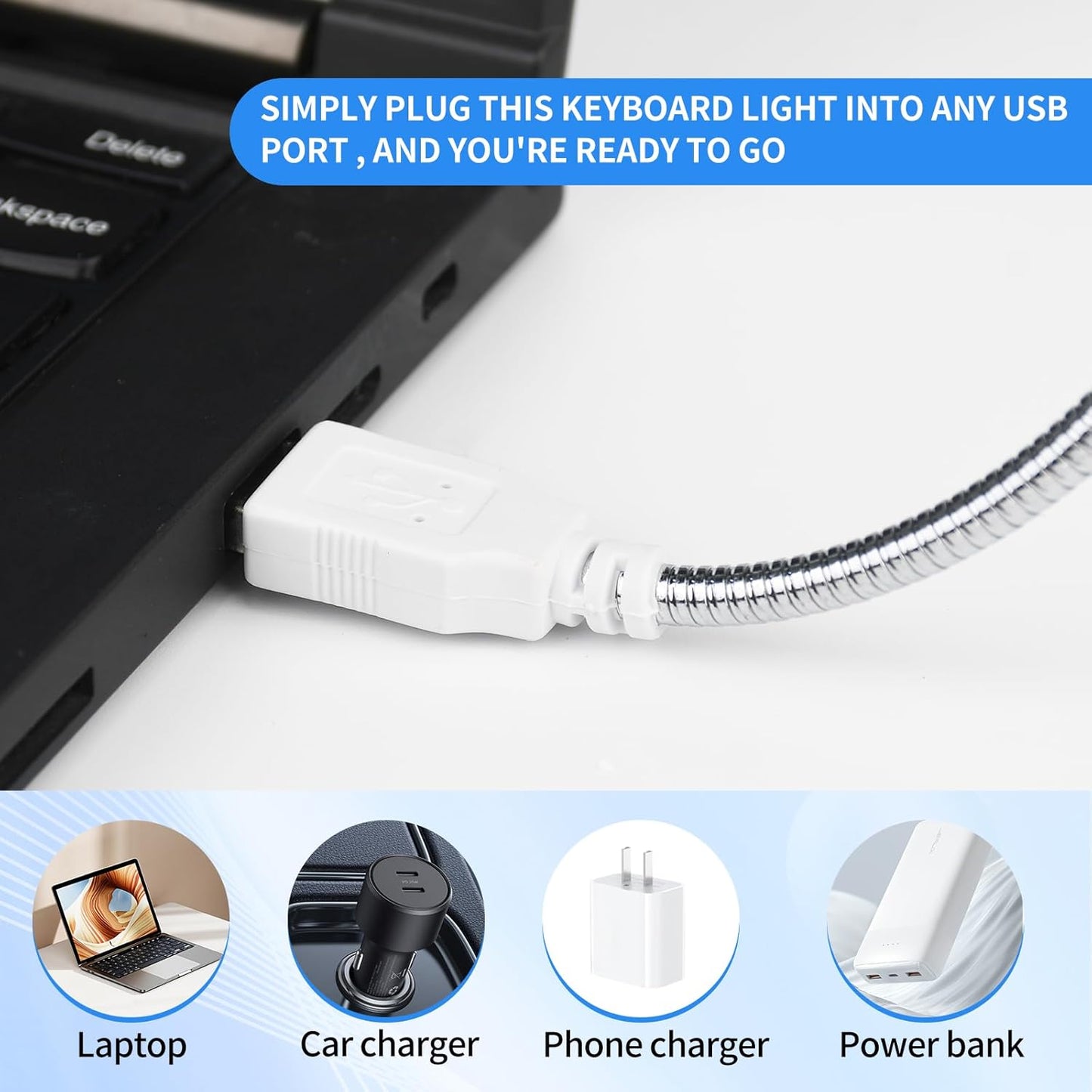 Keyboard Light Portable USB LED Light 10 Lamp Beads LED Laptop Light with Long Gooseneck Flexible Stick Laptop Light for Reading Book and Striking Keyboard (No Touch Switch, 1 Pcs, Silver)