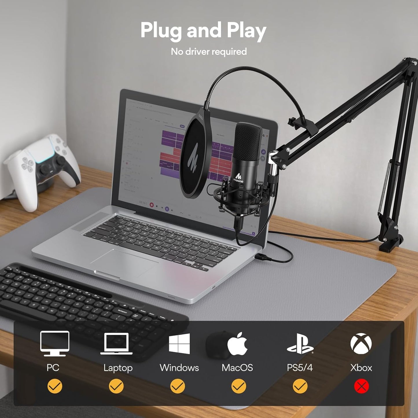 USB Microphone, 192Khz/24Bit Plug & Play PC Computer Podcast Condenser Cardioid Metal Mic Kit with Professional Sound Chipset for Recording, Gaming, Singing, Youtube (AU-A04)