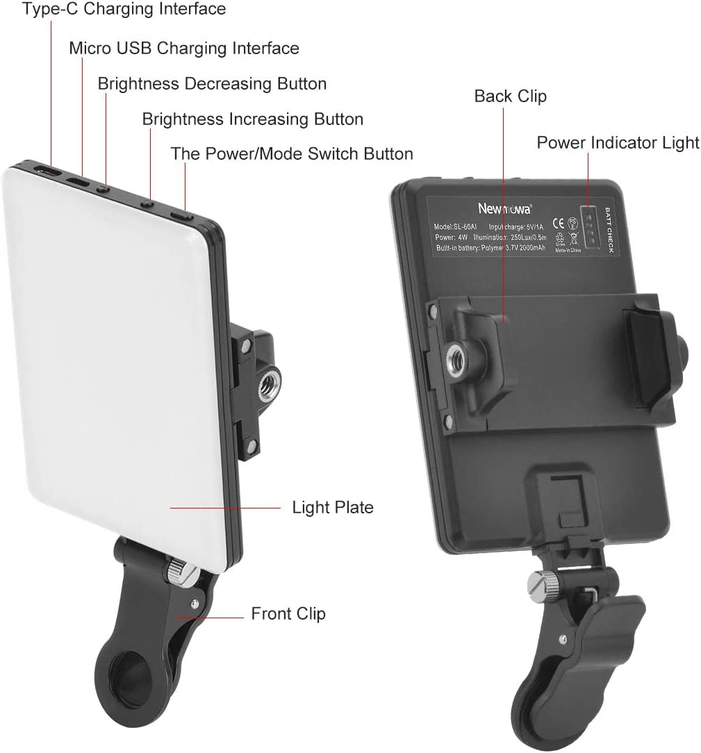 60 LED High Power Rechargeable Clip Fill Video Conference Light with Front & Back Clip, Adjusted 3 Light Modes for Phone, Iphone, Android, Ipad, Laptop, for Makeup, Tiktok, Selfie, Vlog