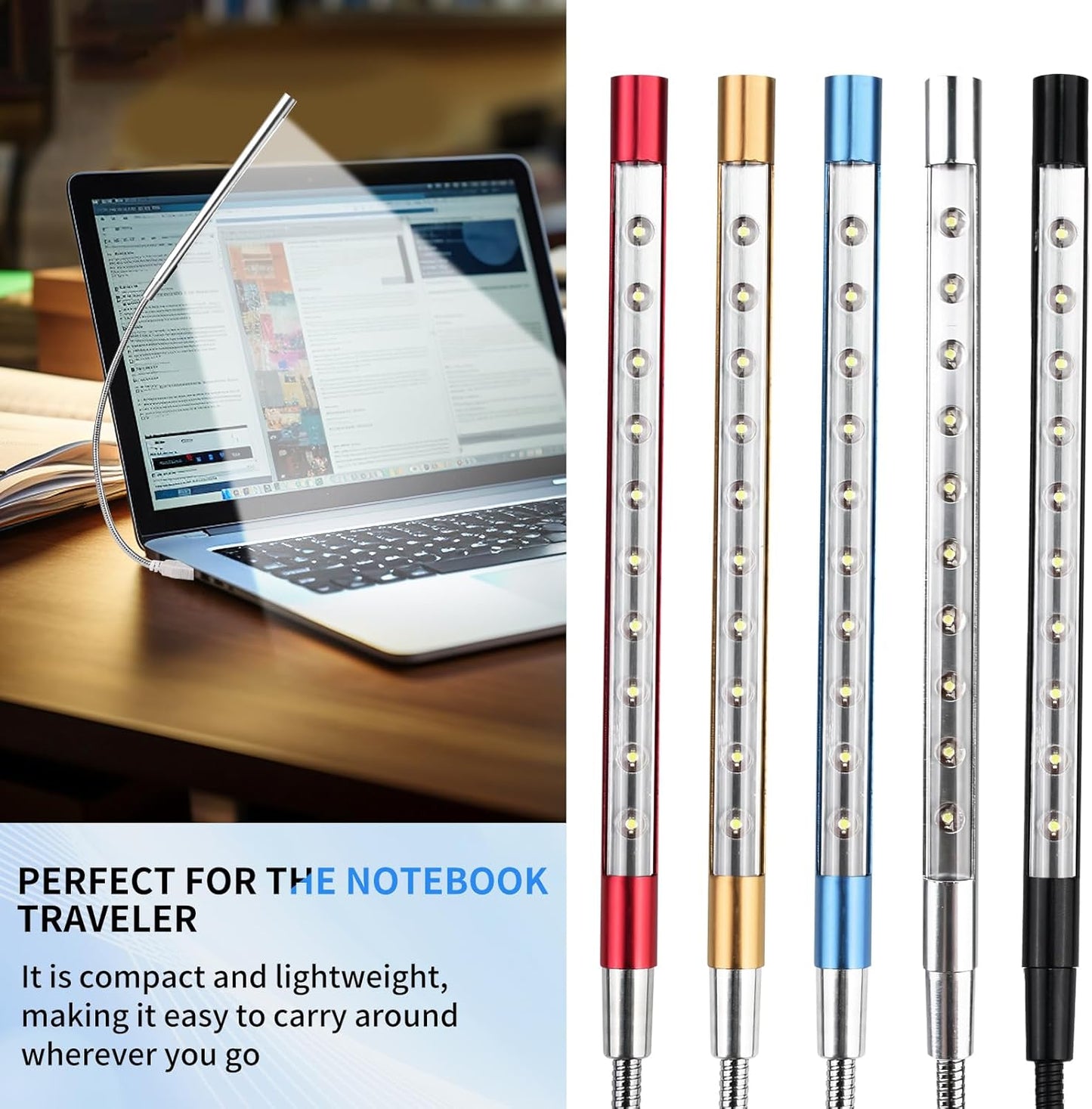 Keyboard Light Portable USB LED Light 10 Lamp Beads LED Laptop Light with Long Gooseneck Flexible Stick Laptop Light for Reading Book and Striking Keyboard (No Touch Switch, 1 Pcs, Silver)
