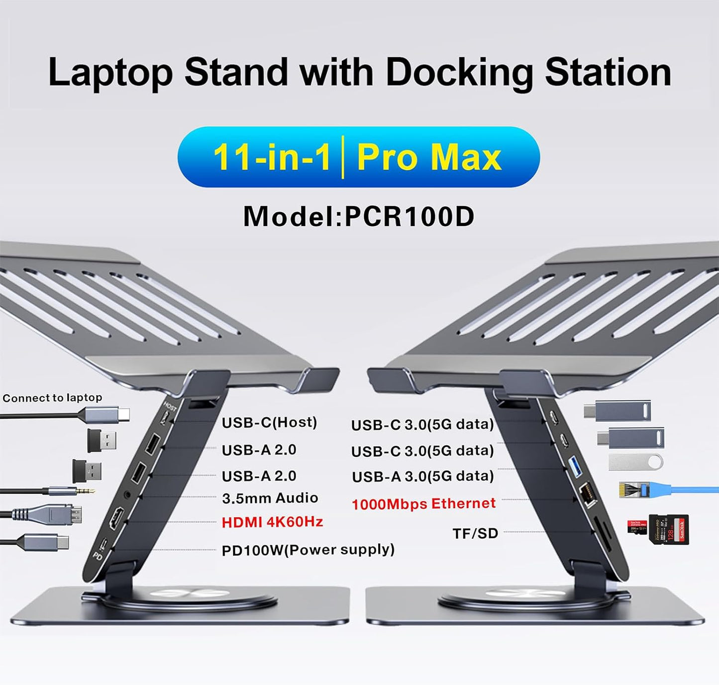 Laptop Docking Station for Macbook Pro/Air/Dell/Hp/Surface 11-In-1 USB C Hub 360°Rotatable Laptop Stand with USB Hub 4K HDMI USB 3.0 PD100W 3.5Mm Audio Jack RJ 45 TF/SD Reader Universal Laptop Dock