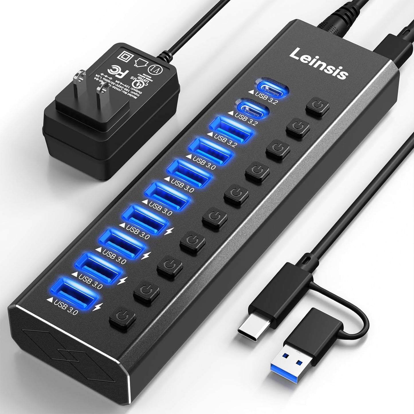 Powered USB Hub 3.2, 10-Port USB 3.2/USB C Hub (10Gbps USB-A 3.2 +2 USB-C 3.2 +7 USB 3.0 Ports) with Individual On/Off Switches and 12V Power Adapter, Aluminum USB Hub Powered for Laptop PC