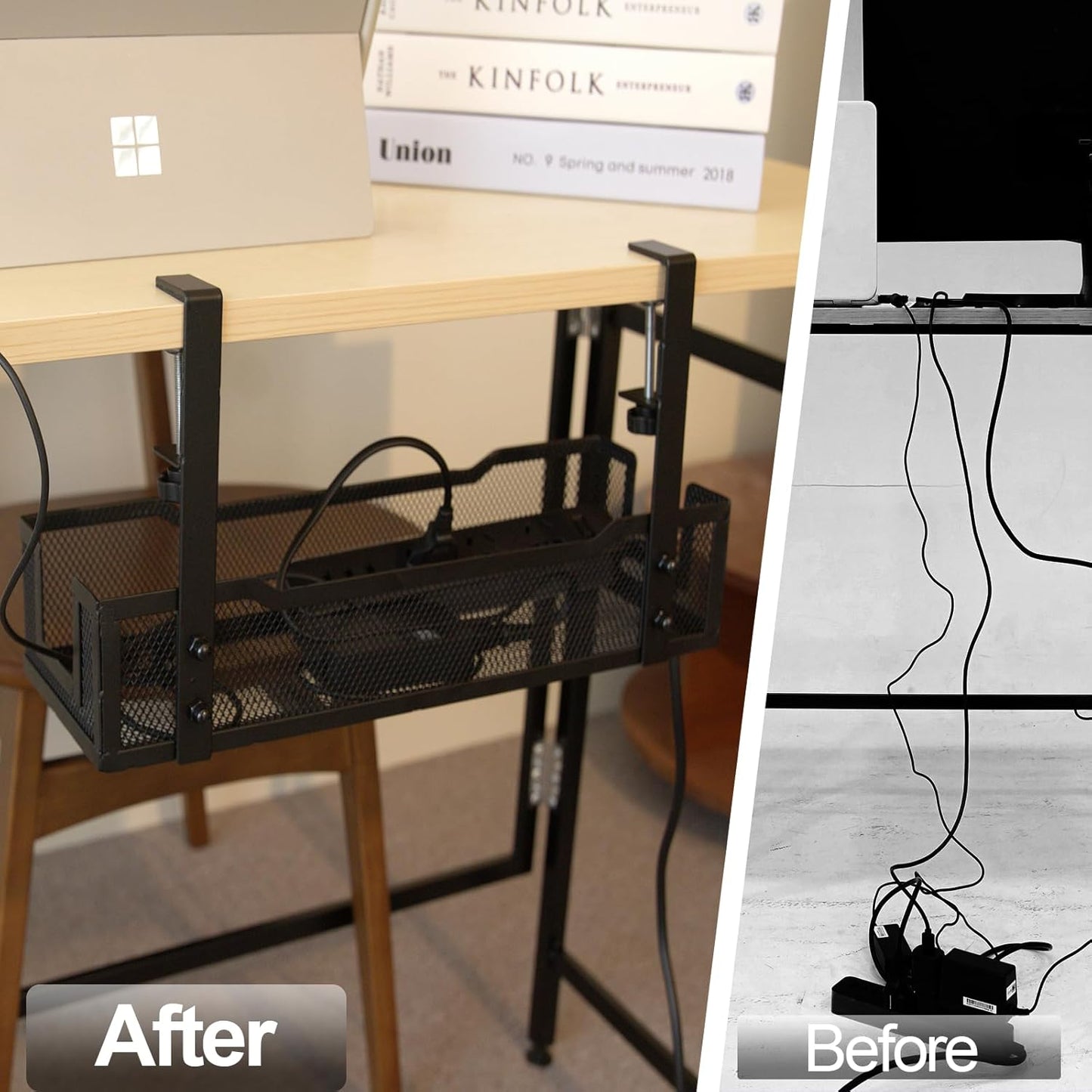 No Drill under Desk Cable Management Tray with Clamp-Premium Wire Tray Cord Organizer β Thin Steel Cable Tray Basket with Charger Holder for DeskβBlack Cable Management BoxβEasy to Install