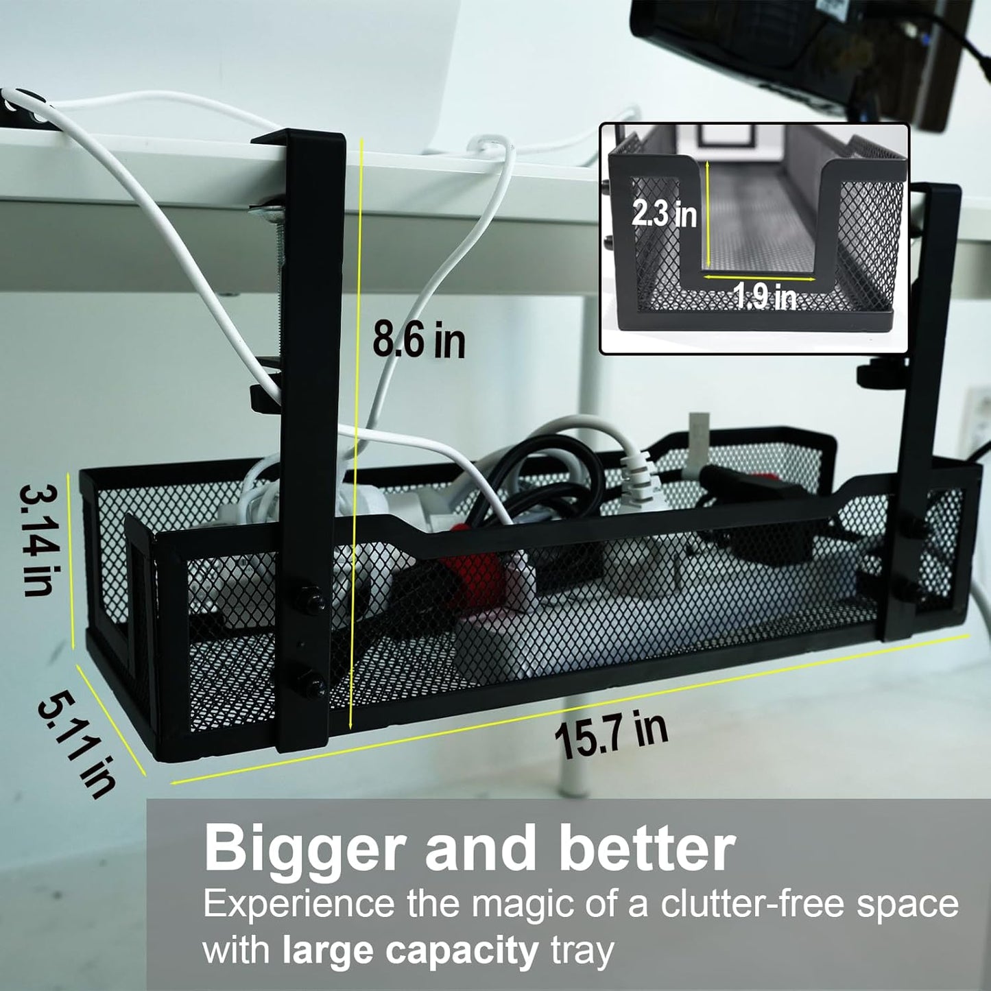 No Drill under Desk Cable Management Tray with Clamp-Premium Wire Tray Cord Organizer β Thin Steel Cable Tray Basket with Charger Holder for DeskβBlack Cable Management BoxβEasy to Install