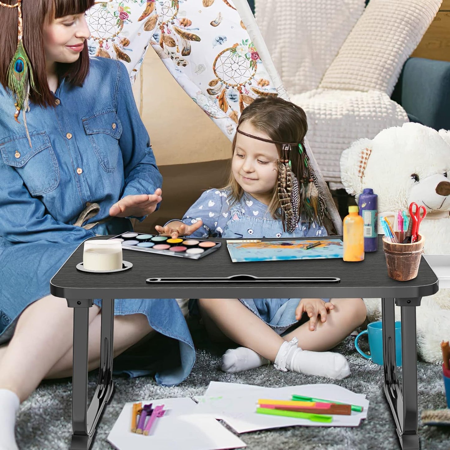 Portable Foldable Lap Desk with Storage Drawer and Cup Holder - Laptop Bed Stand Tray Table for Eating, Reading and Working