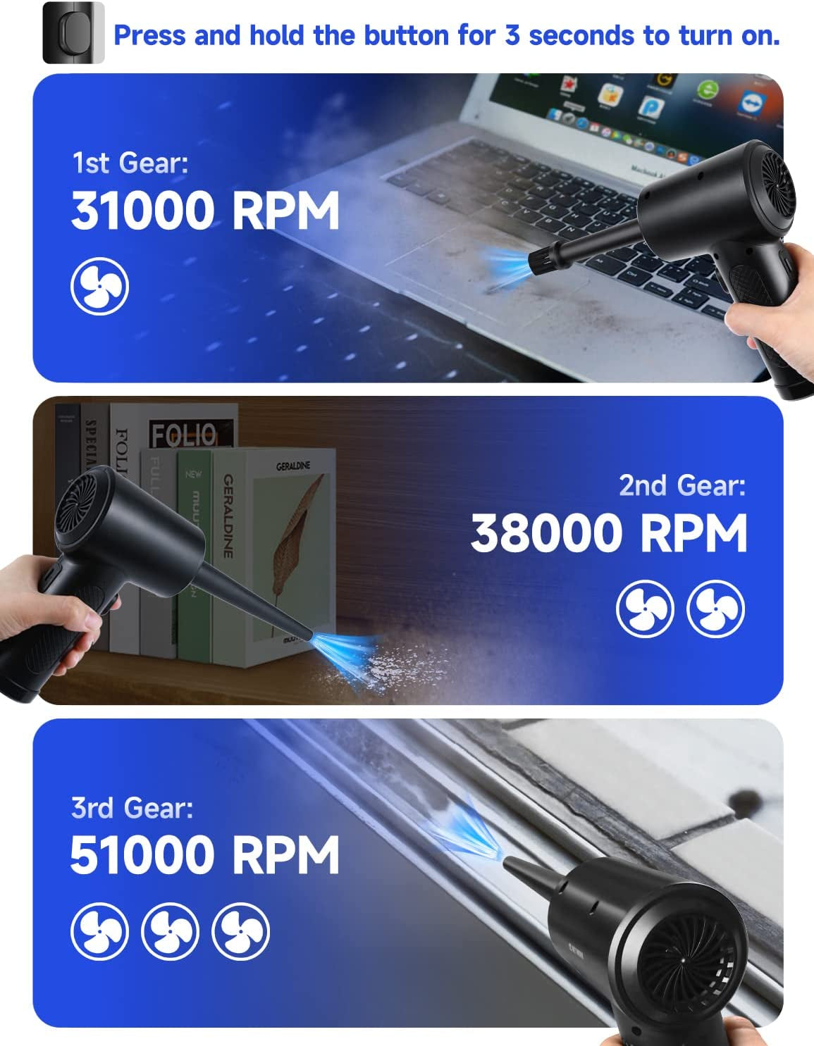 Compressed Air Duster, 3-Gear to 51000RPM Electric Air Duster Portable Air Blower with LED Light, 6000Mahrechargeable Cordless Air Duster for Computer Keyboard Fast Charge(Black)