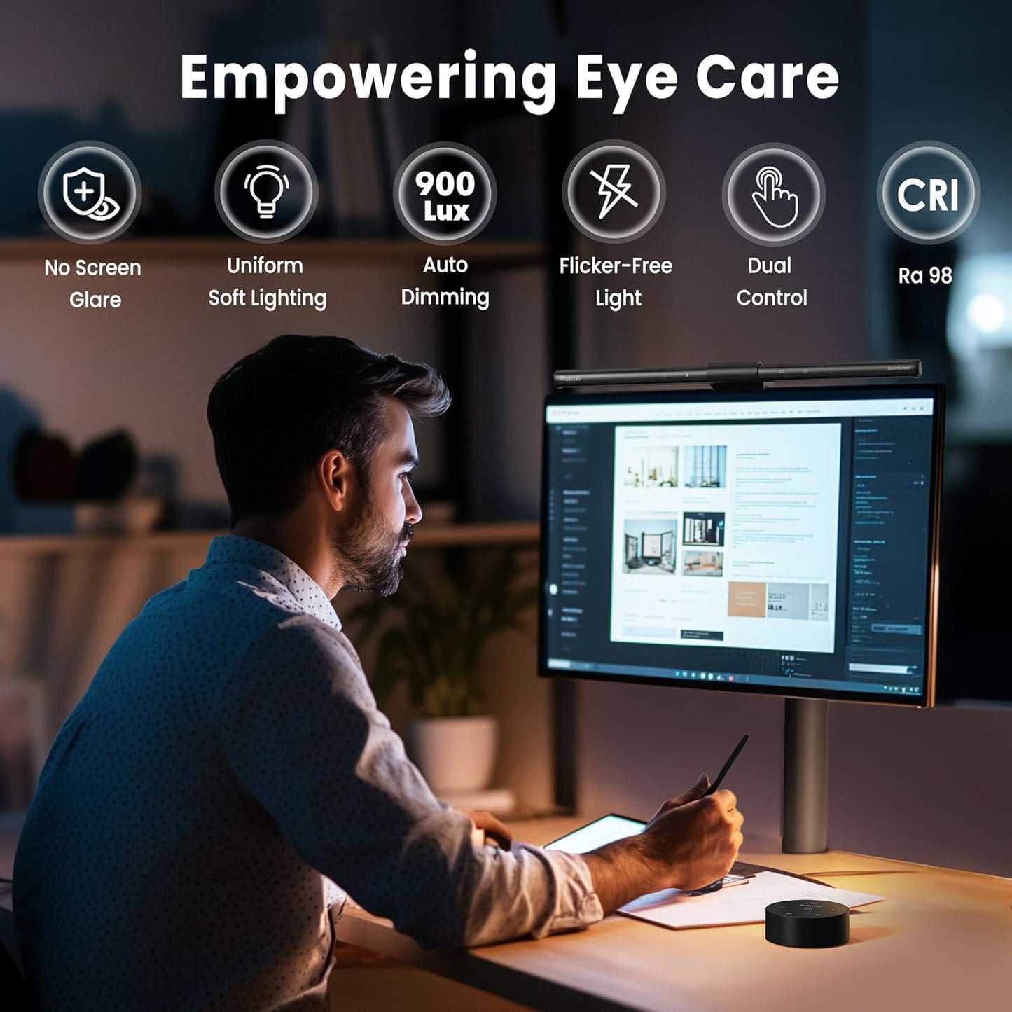 Computer Monitor Lamp, Screen Monitor Light Bar for Eye Caring, USB Reading LED Task Lamp with Auto-Dimming, Dimmable Light Bar, Touch Control, No Glare Space Saving Home Office Desk Lamps