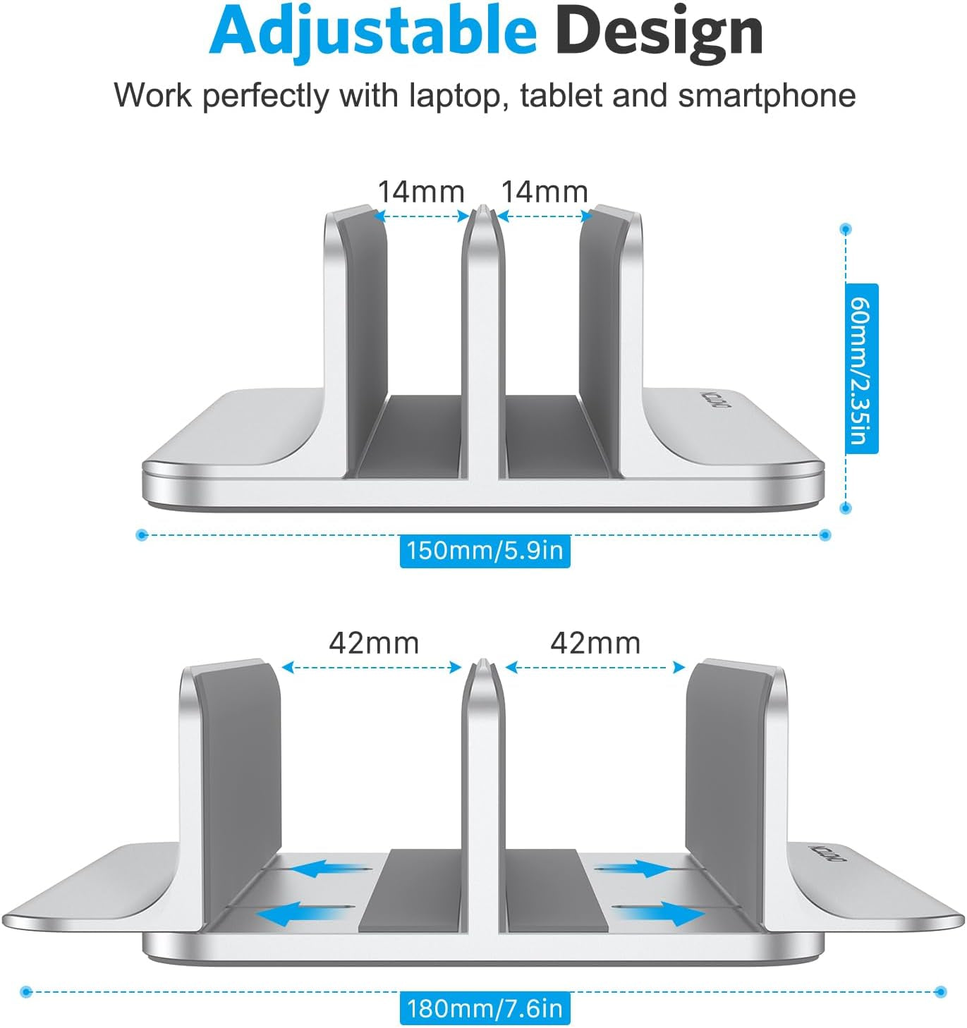[Updated Dock Version Vertical Laptop Stand, Double Desktop Stand Holder with Adjustable Dock (Up to 17.3 Inch), Fits All Macbook/Surface/Samsung/Hp/Dell/Chrome Book (Silver)