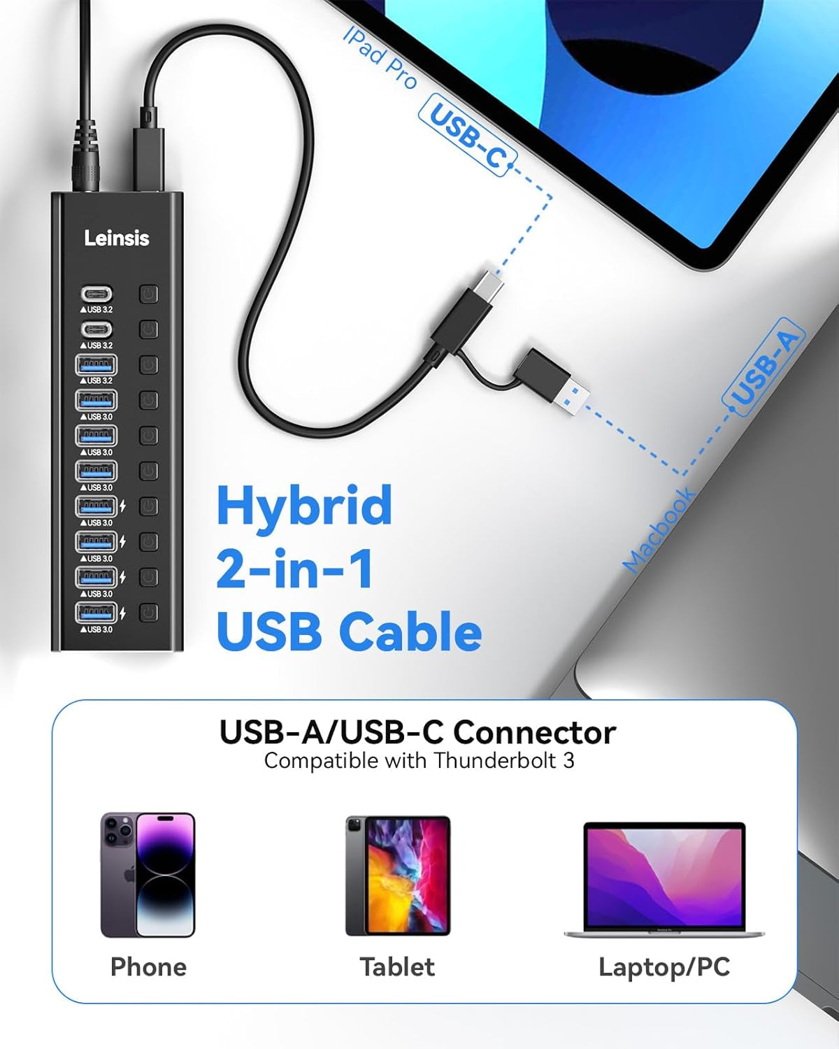 Powered USB Hub 3.2, 10-Port USB 3.2/USB C Hub (10Gbps USB-A 3.2 +2 USB-C 3.2 +7 USB 3.0 Ports) with Individual On/Off Switches and 12V Power Adapter, Aluminum USB Hub Powered for Laptop PC
