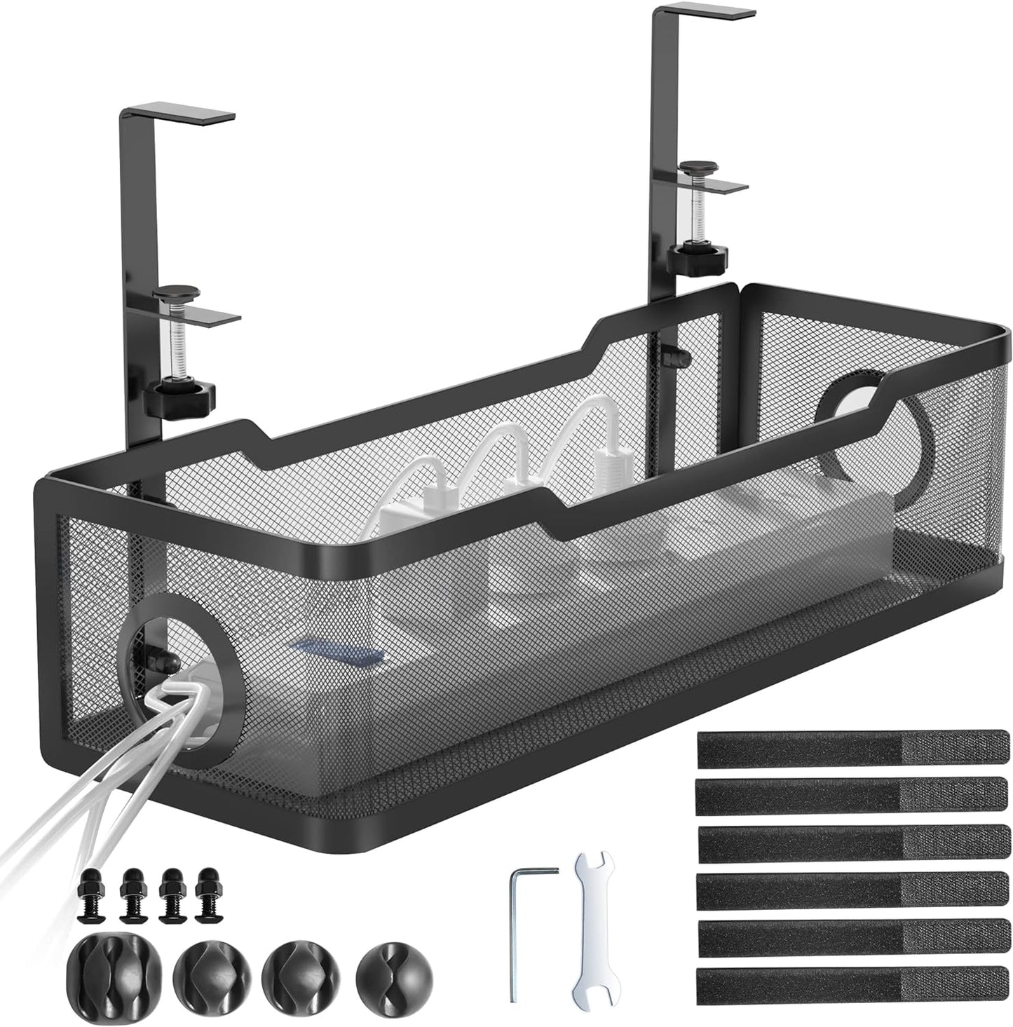 Under Desk Cable Management Tray Black, Wire Organizers No Drill, Cable Tray with Clamp for Wire Management, Cord Organization Box for Office, Home - No Damage to Desk