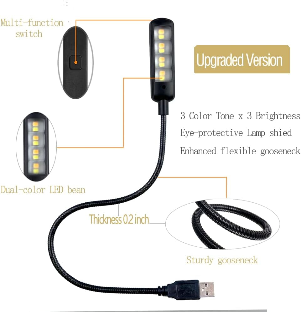 USB Light for Laptop Keyboard, Thickened & Flexiable 3 Brightness X 3 Color Temperature USB Reading Light for Nightwork without Disturbing Roommates.