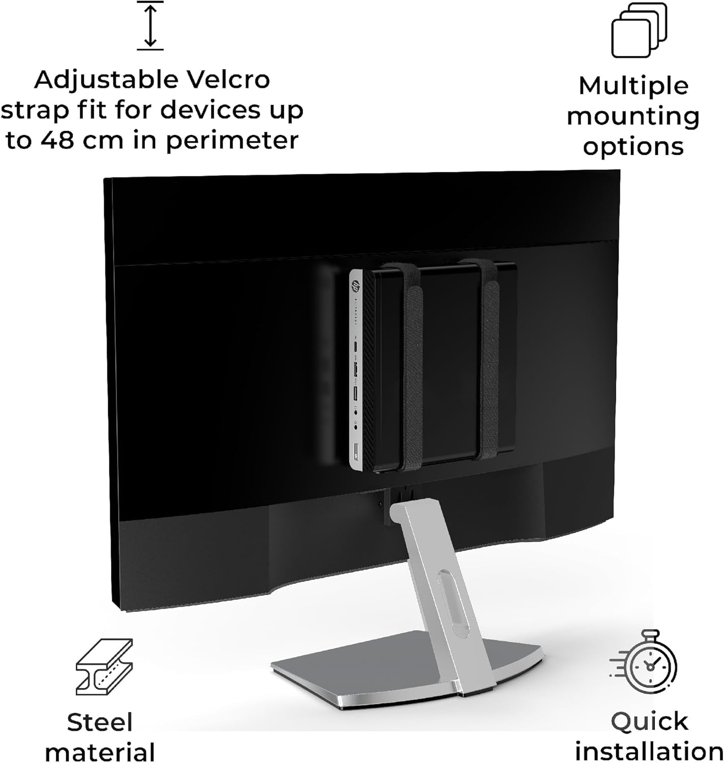 Universal Wall and VESA Mount, Adjustable Strap for Small Computers, UPS Units, Cable Boxes, Modems and Other Electronic Devices, Mounts on the Wall or Back of a Computer Monitor