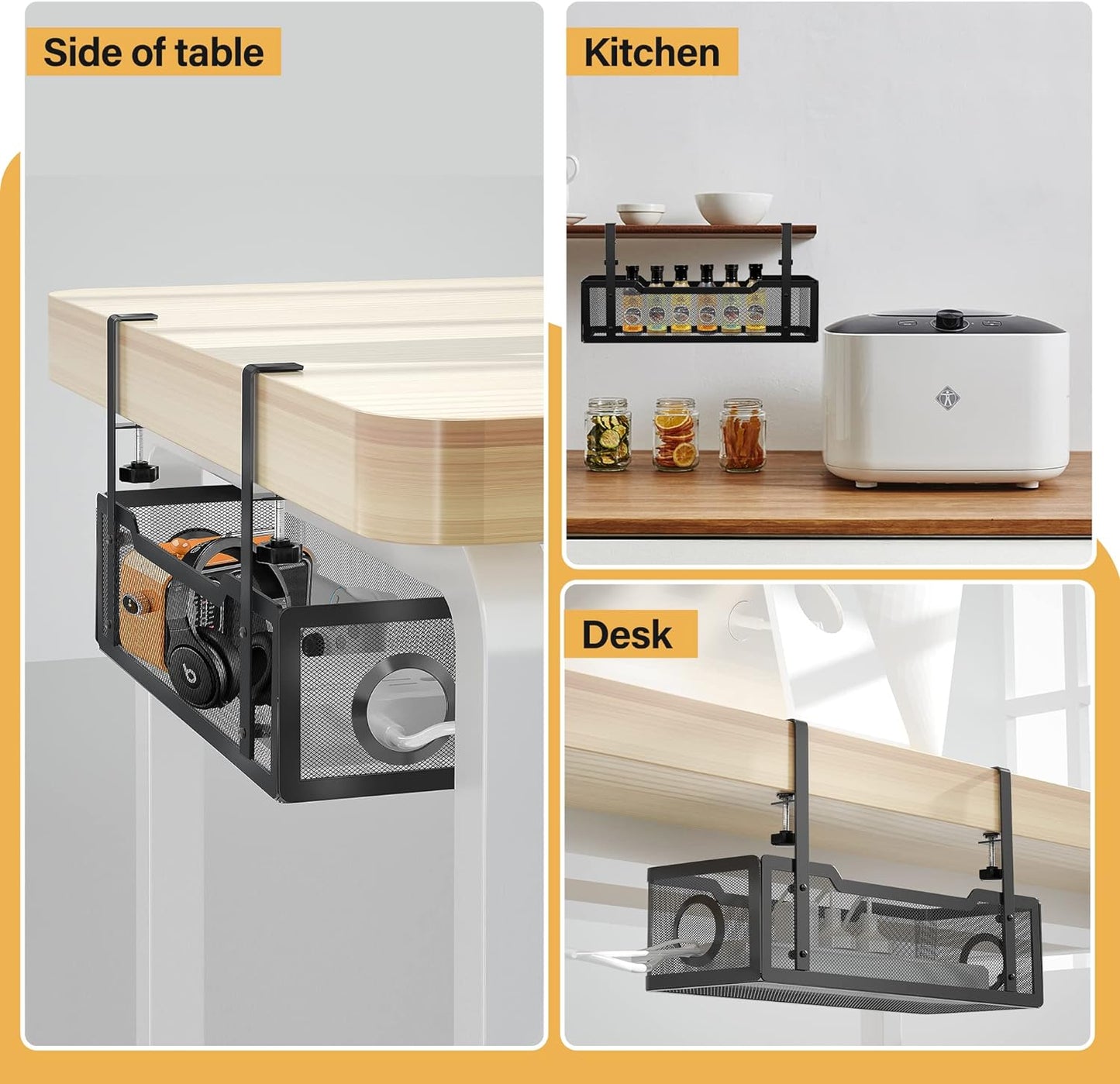 Under Desk Cable Management Tray Black, Wire Organizers No Drill, Cable Tray with Clamp for Wire Management, Cord Organization Box for Office, Home - No Damage to Desk
