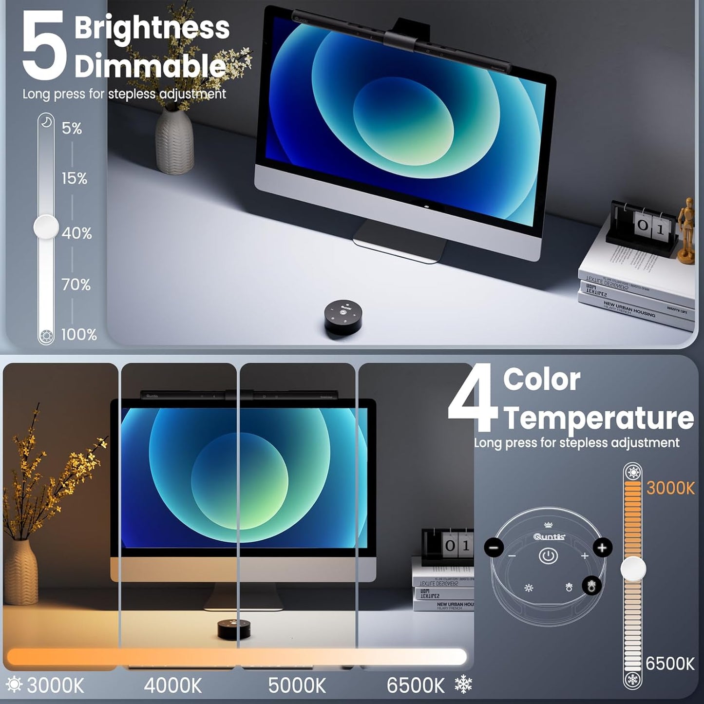Computer Monitor Lamp, Screen Monitor Light Bar for Eye Caring, USB Reading LED Task Lamp with Auto-Dimming, Dimmable Light Bar, Touch Control, No Glare Space Saving Home Office Desk Lamps