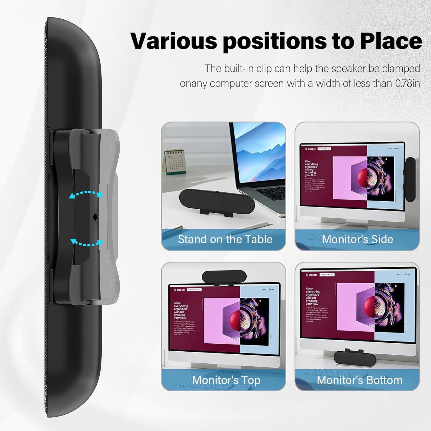 Computer Speakers for Desktop Monitor,Single Speakers for Desktop Pc,Laptop Speaker with Loud Sound,Volume Control Easily Clamps to Monitors(Usb-C to USB Adapter Included) (Black)