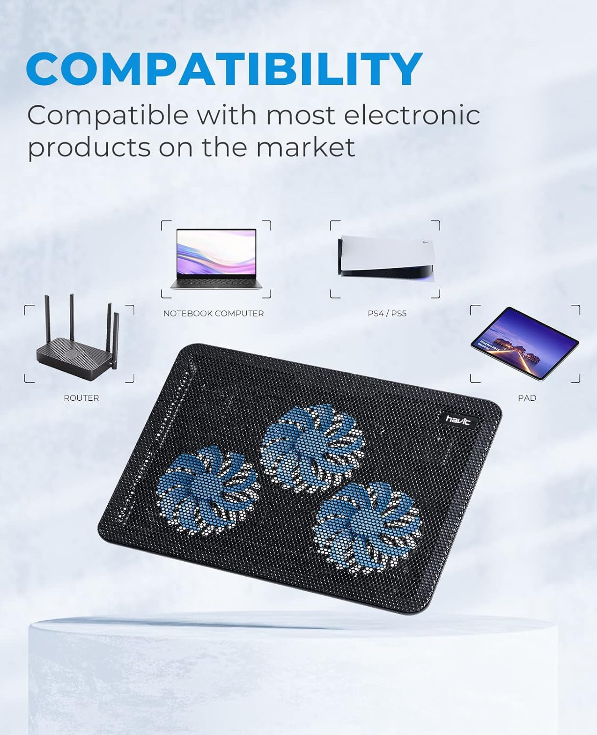 HV-F2056 15.6"-17" Laptop Cooler Cooling Pad - Slim Portable USB Powered (3 Fans), Black/Blue