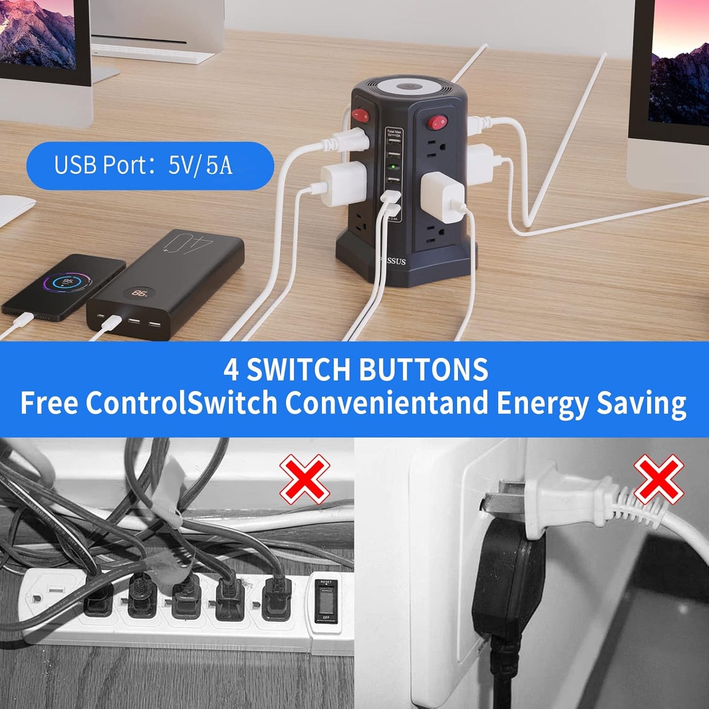 Surge Protector Power Strip Tower with 5 USB Ports and Night Light,10Ft Extension Cord with 12 AC Multiple Outlets, Power Tower Overload Protection for Home Office Dorm Room Essentials(Black)