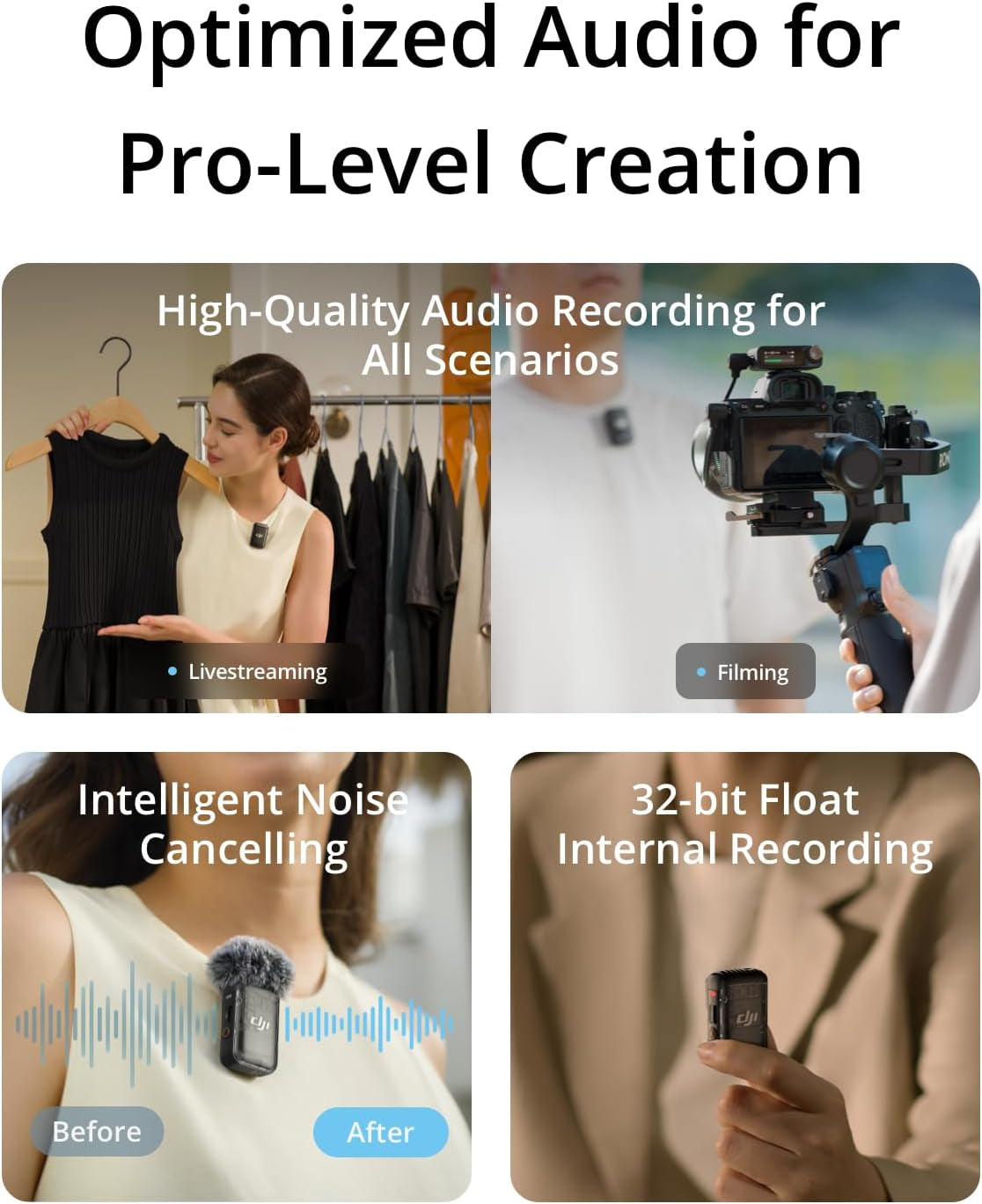 Mic 2 (2 TX + 1 RX + Charging Case), Wireless Lavalier Microphone, Intelligent Noise Cancelling, 32-Bit Float Internal Recording, 820 Ft.(250M) Range, Microphone for Iphone, Android, Camera