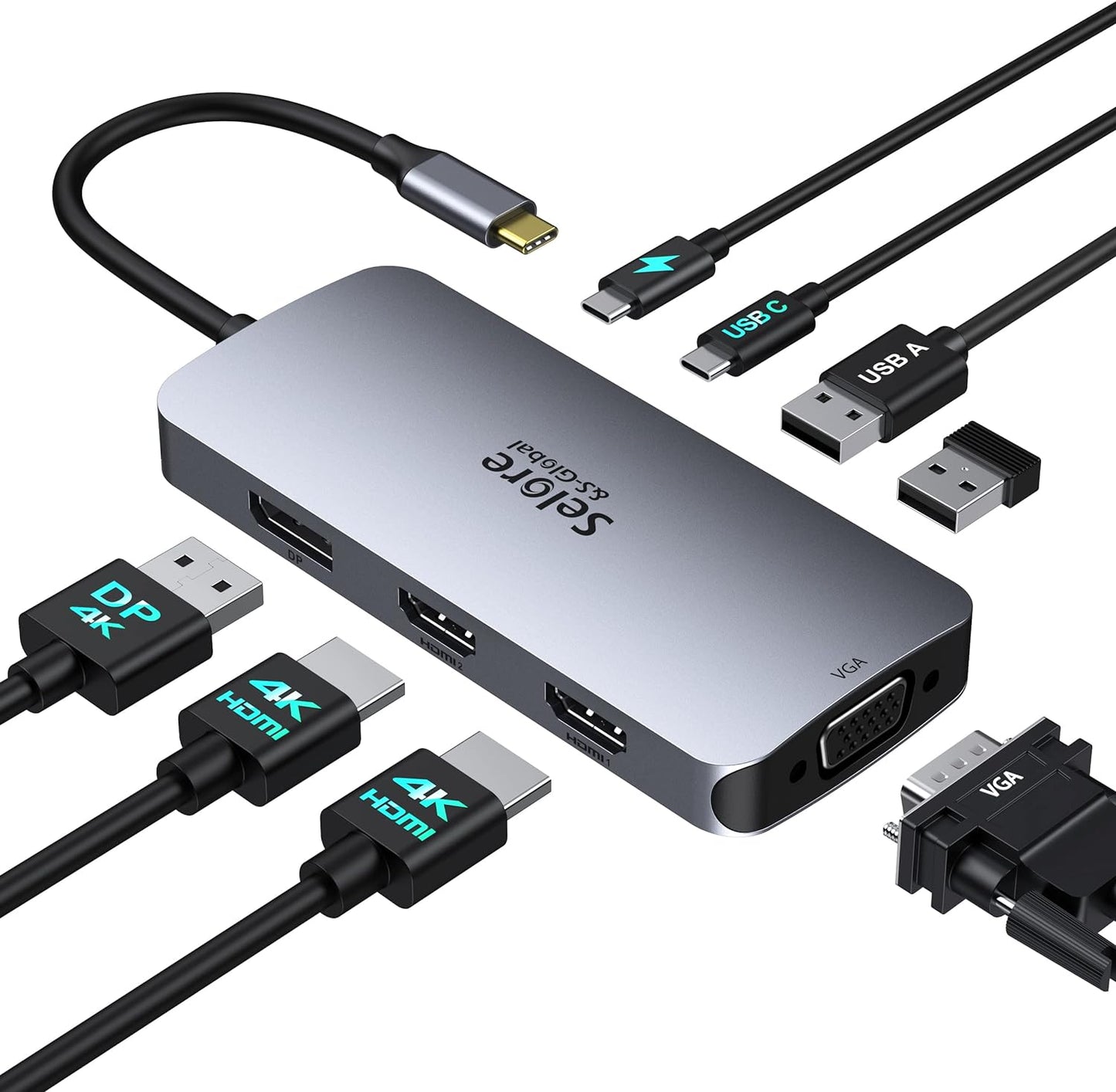 USB C Docking Station Dual HDMI Monitor Adapter, Selore USB C Hub 3 Monitors Adapter with Dual HDMI, Displayport, VGA, 100W PD Charging, 3USB 2.0 Ports Adapter for Dell XPS, HP, Lenovo, Etc
