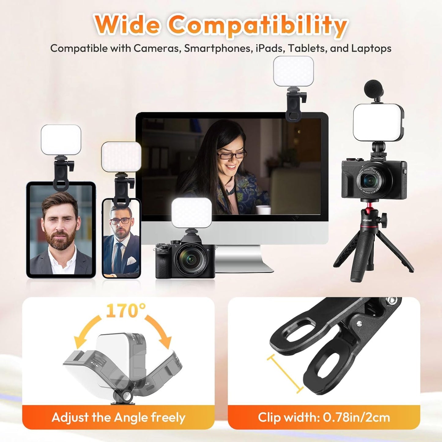 VL100X Selfie Light, Clip LED Light Panel for Phone/Laptop/Tablet/Computer, Bi-Color Portable Clip Camera Light with Dimmable 2500-6500K with 2000Mah Battery for Video Conference/Picture
