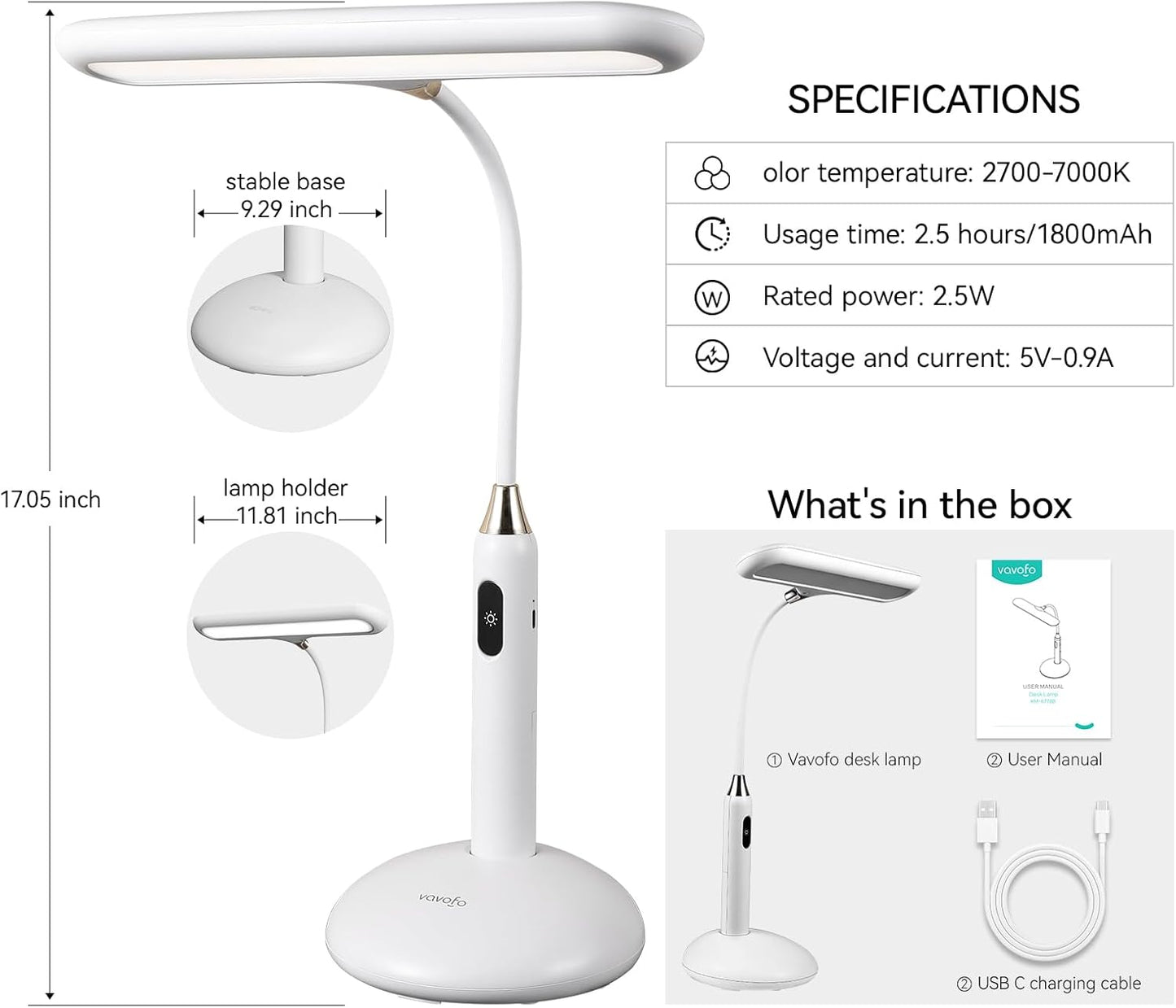 LED Desk Lamp 6778B - Touch Control, Adjustable 2700-7000K Color Temperature, 700 Lumens, 360° Flexible Gooseneck, USB-C Charging, 2.5Hrs Cordless, Eye-Caring Light (White)