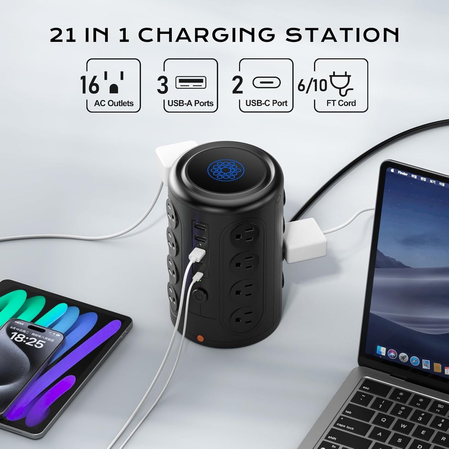 Heavy Duty Power Strip Tower with 16 Outlets and 5 USB Ports (2 USB-C), 1500J Surge Protector with Multiple Outlets, 6 FT Extention Cord for Home Office Desk, Dorm Room Essentials Black