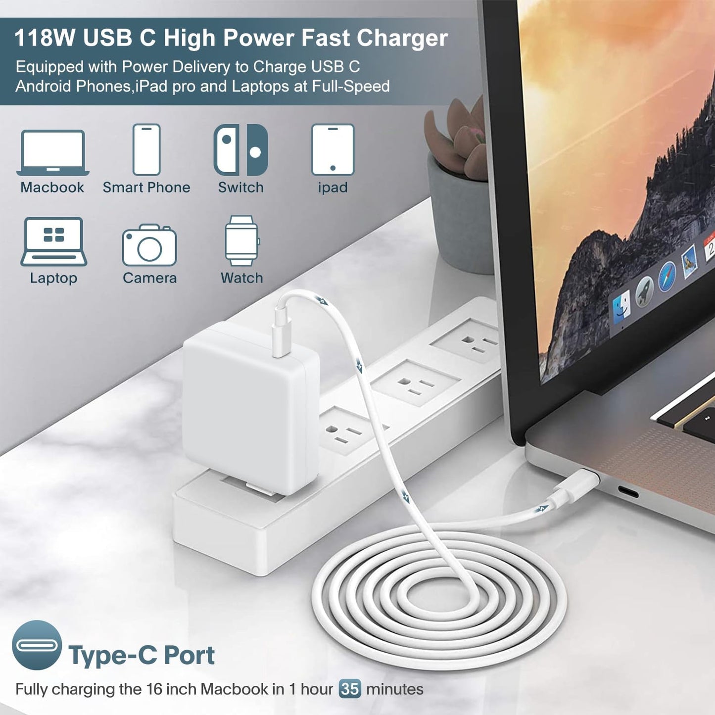 Mac Book Pro Charger - 118W USB C Charger Fast Charger Compatible with Macbook Pro/Air, M1 M2 M3 M4, Ipad Pro, Samsung Galaxy, and More USB-C Devices(6.6 Ft Cable Included)