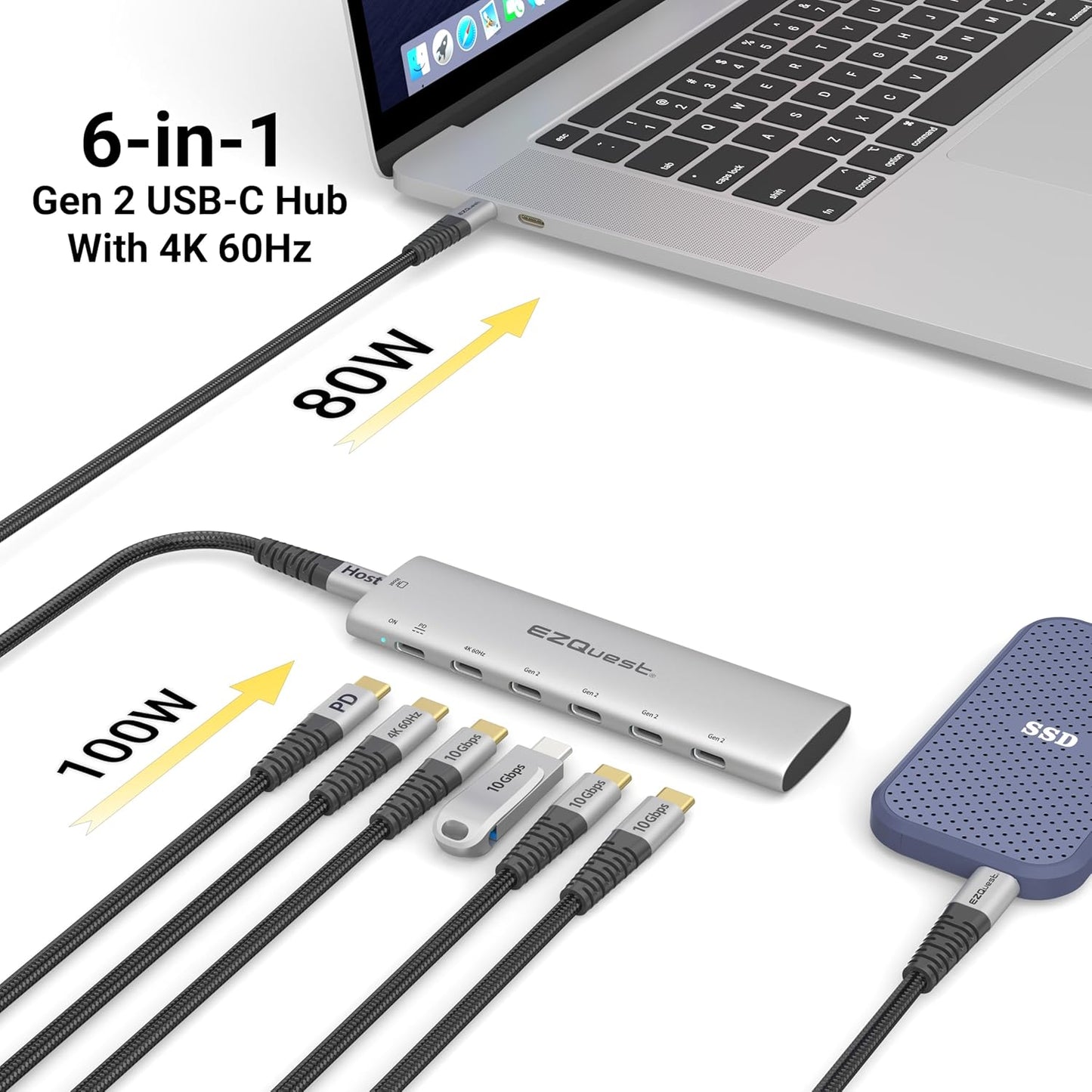 USB-C Slim Gen 2 Hub Adapter 6-In-1 1 USB-C 4K/60Hz Video, 4 USB-C Gen 2 10Gbps, and 1 USB-C Power Delivery 3.0