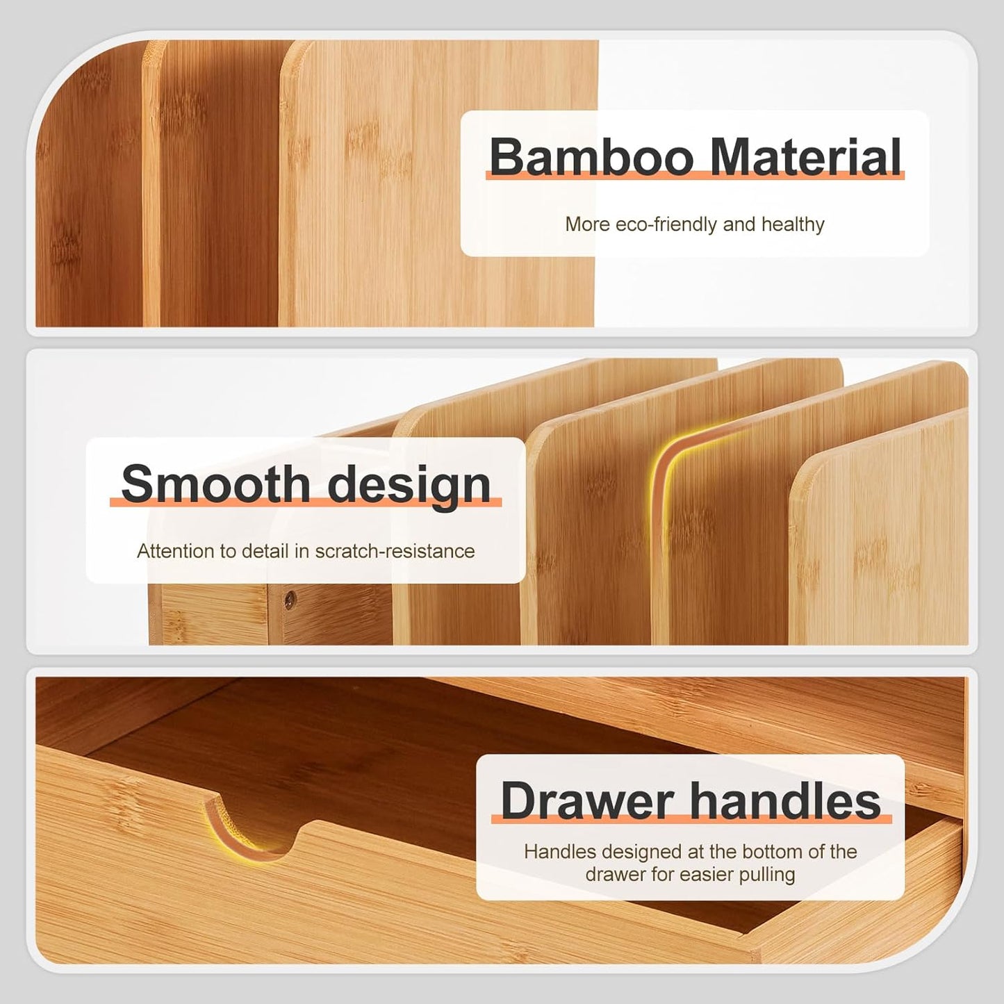 Bamboo Desk Organizer with Drawer and File Holder, Office Organization for Desks with Adjustable Pen Holding, Desktop Letter Paper Tray Storage for Workplace Home School (Natural, L)