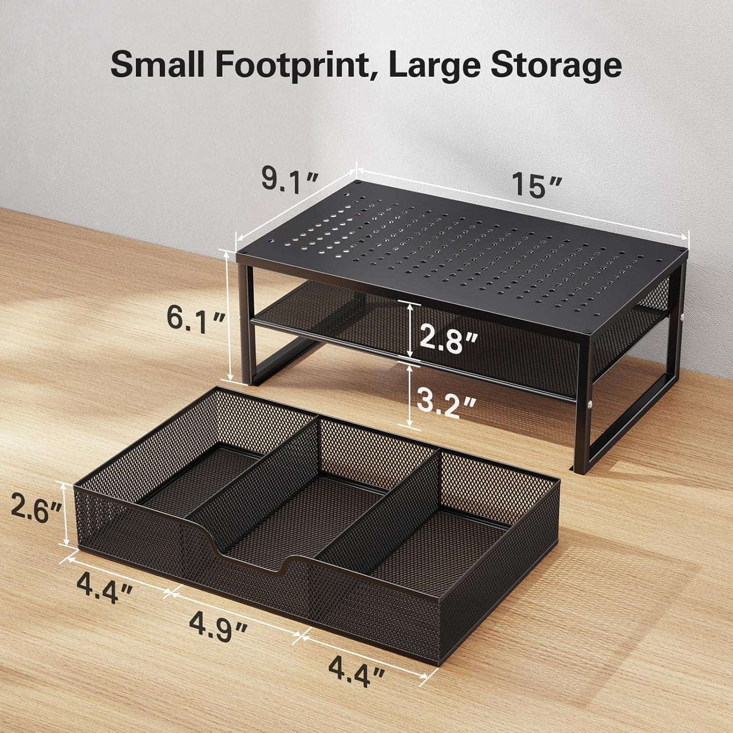 2 Tier Monitor Stand, Metal Monitor Riser with Storage, Computer Desk Organizer with Drawer for Laptop, Computer, PC, Black