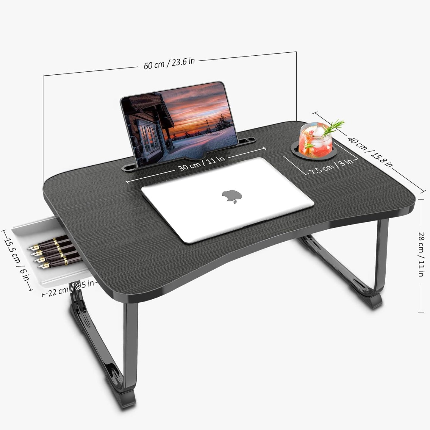 Portable Foldable Lap Desk with Storage Drawer and Cup Holder - Laptop Bed Stand Tray Table for Eating, Reading and Working