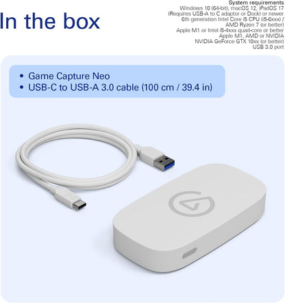 Game Capture Neo – USB Portable Capture Card 4K60 HDR Passthrough, 1080P60 Video Recording – for Ps5/Xbox/Switch/Iphone – in OBS, Quicktime and More - Plug & Play/Works on Laptop, PC, Mac, Ipad