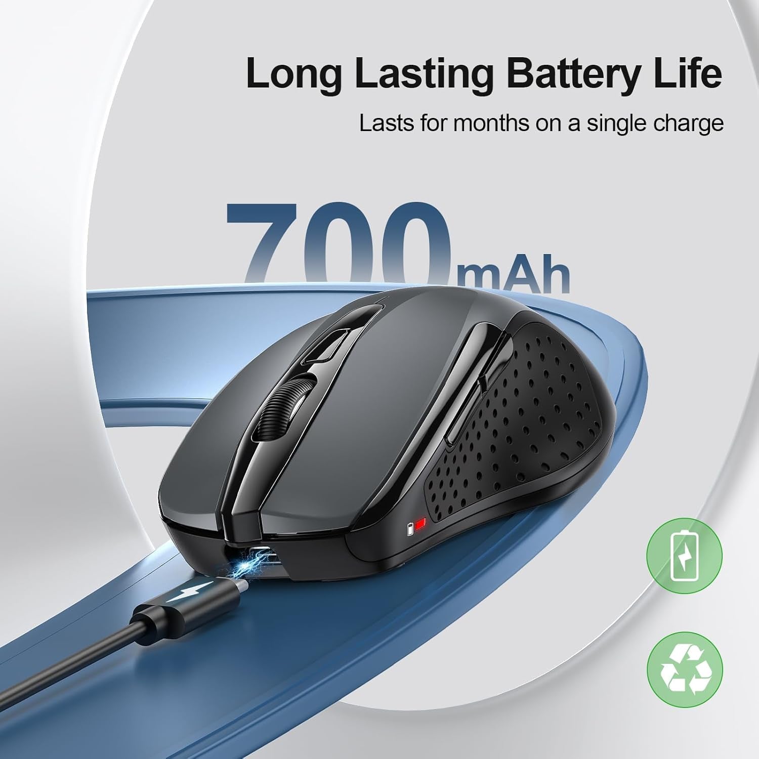 Wireless Mouse (BT5.0/3.0 & 2.4G) Rechargeable 4800 DPI Silent USB a & Bluetooth Mouse 6 Buttons, Wide Compatibility - Grey
