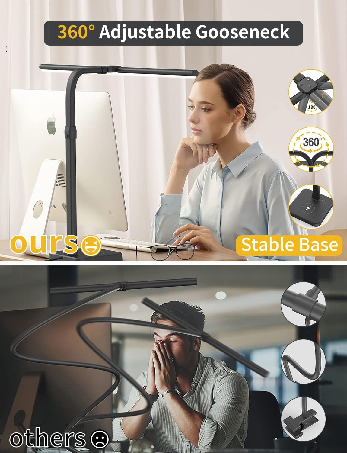 LED Desk Lamp for Home Office, Double Head 24W with Base, Architect Light 5 Lighting Brightness Flexible Gooseneck Table Reading Study, Black