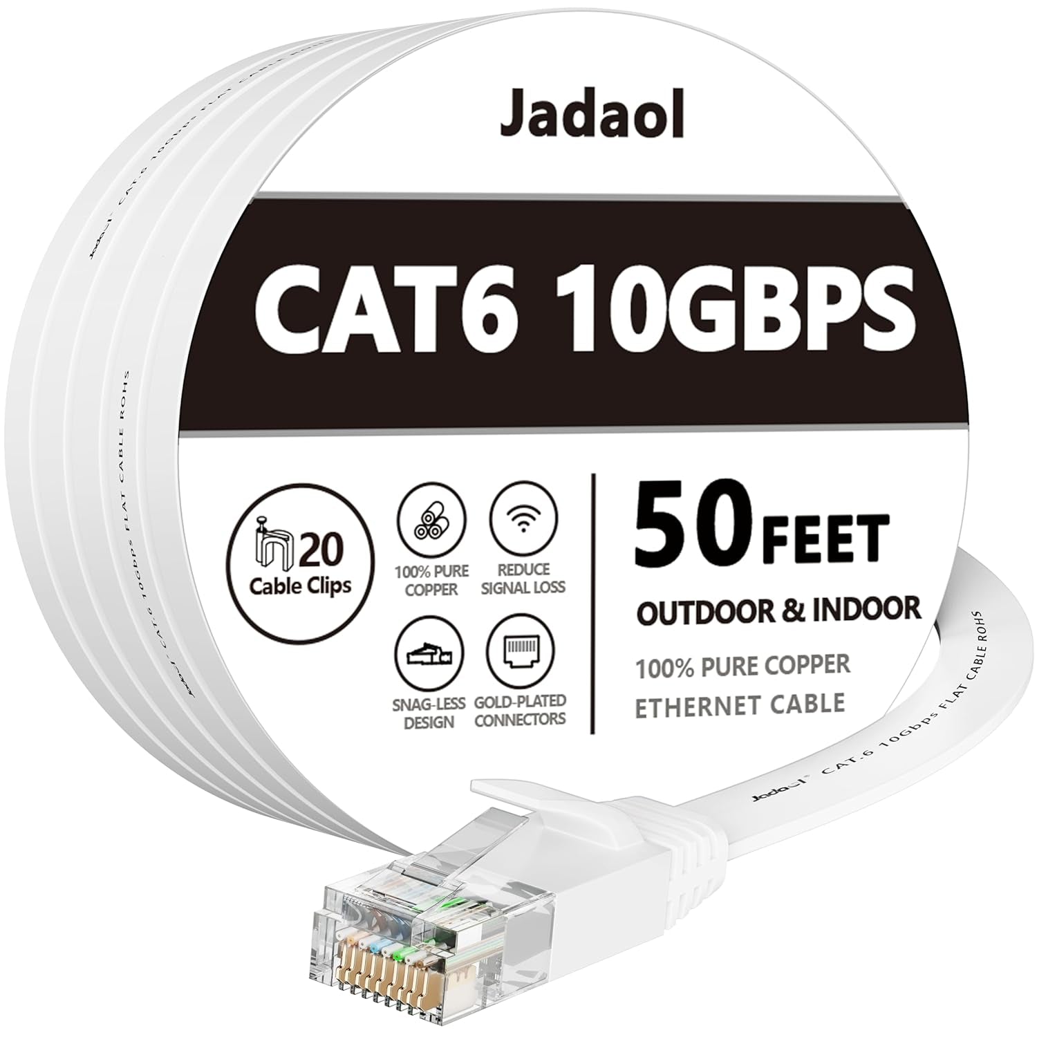 Cat 6 Ethernet Cable 50 Ft, Outdoor & Indoor 10Gbps Support Cat8 Cat7 Network, Flat RJ45 Internet LAN Computer Patch Cable for Router, Modem, Switch, Gaming Consoles, Streaming Devices, White