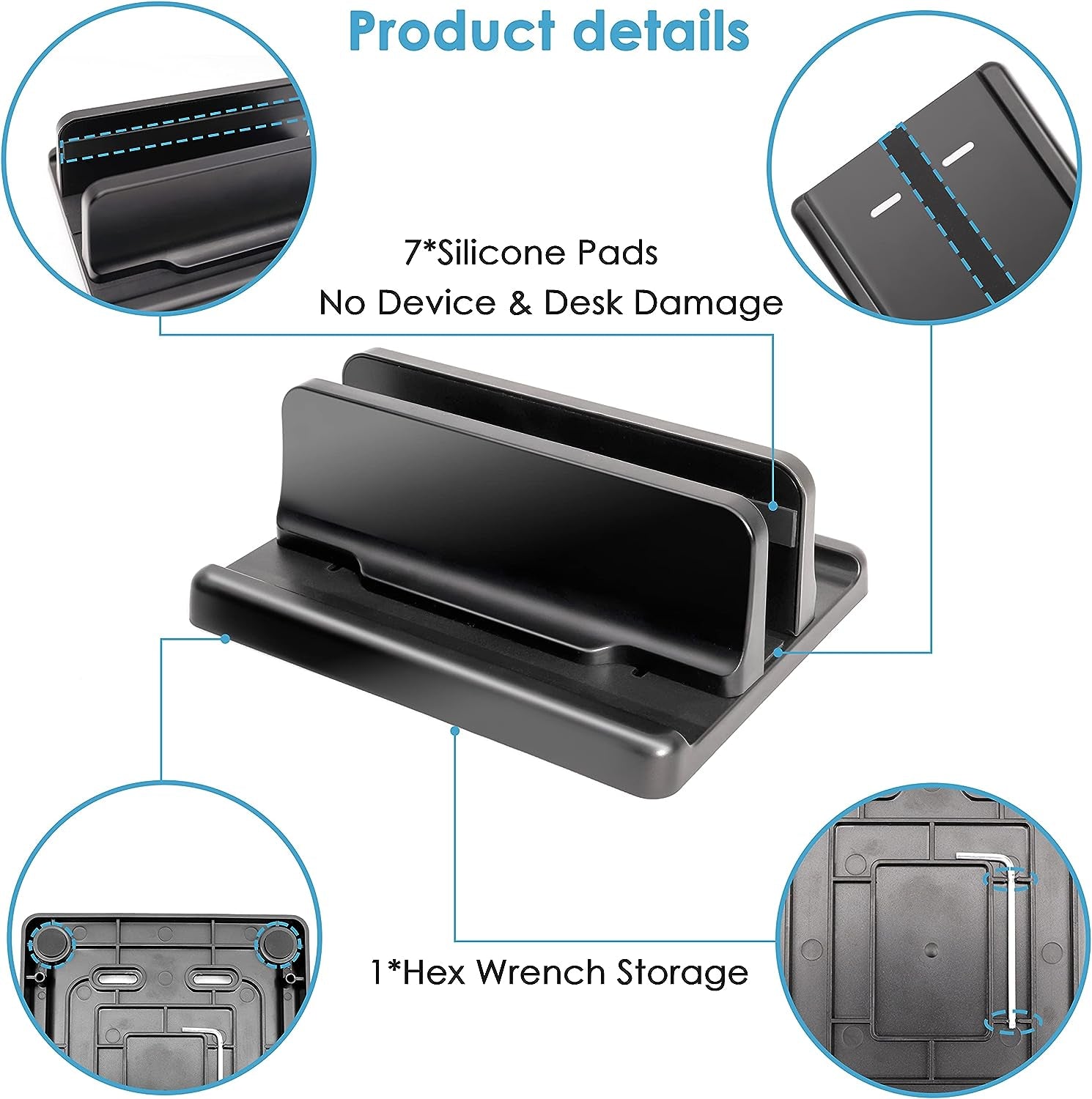 Vertical Laptop Stand [New Version: Two More Rubber Pads & Hex Key Storable Design] ABS Plastic Adjustable Dock up to 15 Inch PC Desk Space Saver for Macbook/Surface/Ipad/Mini PC (Black)
