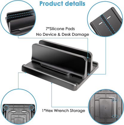 Vertical Laptop Stand [New Version: Two More Rubber Pads & Hex Key Storable Design] ABS Plastic Adjustable Dock up to 15 Inch PC Desk Space Saver for Macbook/Surface/Ipad/Mini PC (Black)