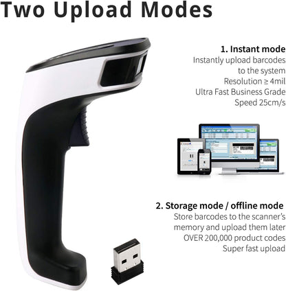 Portable Wireless Bluetooth Barcode Scanner: 3-In-1 Hand Scanners - Cordless, Rechargeable 1D and 2D Scan Gun for Inventory Management - Wireless, Handheld, USB Bar Code/Qr Code Reader