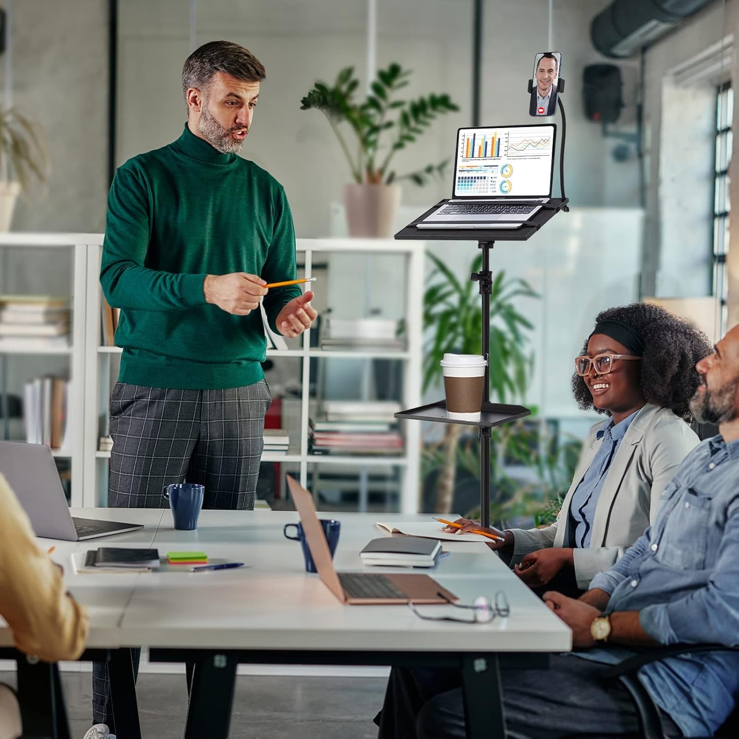 Projector Tripod Stand, 50” Laptop Stand with 2 Shelves for Projector, Ipad, DJ Equipment, Portable Adjustable Floor Stand with Gooseneck Phone Holder for Office, Home, Stage or Studio